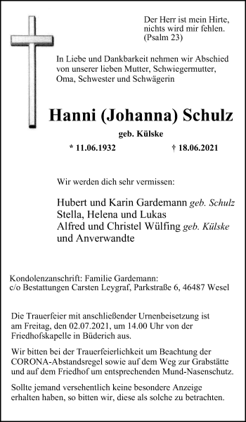 Traueranzeige von Hanni Schulz von WVW Anzeigenblätter