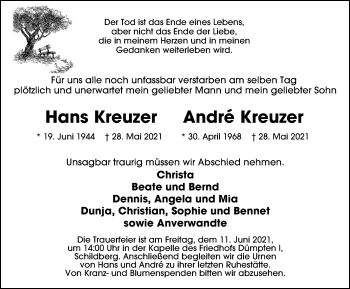 Traueranzeige von Hans und Andre Kreuzer von WVW Anzeigenblätter
