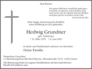 Traueranzeige von Hedwig Grundner von WVW Anzeigenblätter