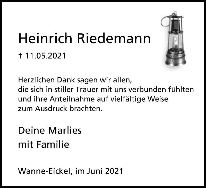  Traueranzeige für Heinrich Riedemann vom 23.06.2021 aus WVW Anzeigenblätter