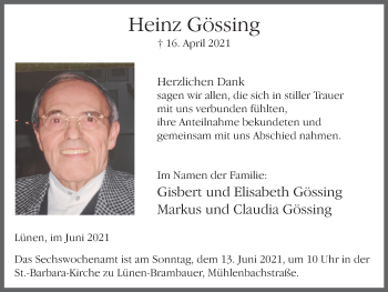 Traueranzeige von Heinz Gössing von WVW Anzeigenblätter