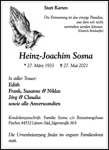 Traueranzeige von Heinz-Joachim Sosna von WVW Anzeigenblätter