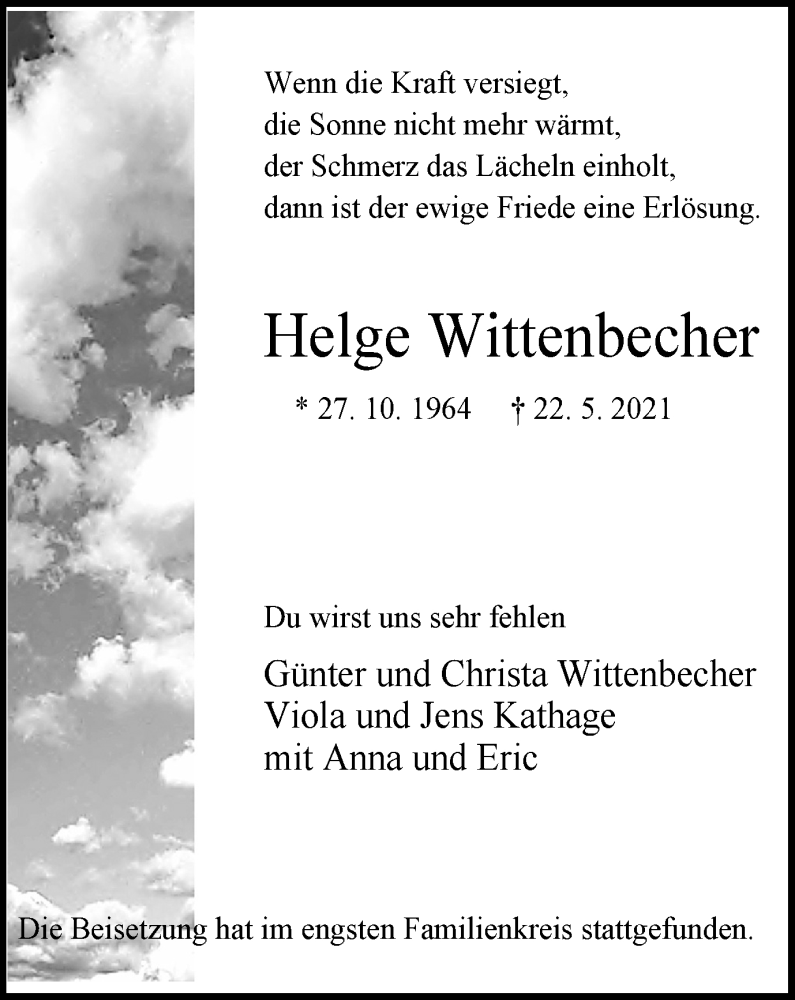  Traueranzeige für Helge Wittenbecher vom 12.06.2021 aus WVW Anzeigenblätter