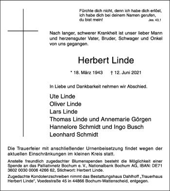 Traueranzeige von Herbert Linde von WVW Anzeigenblätter