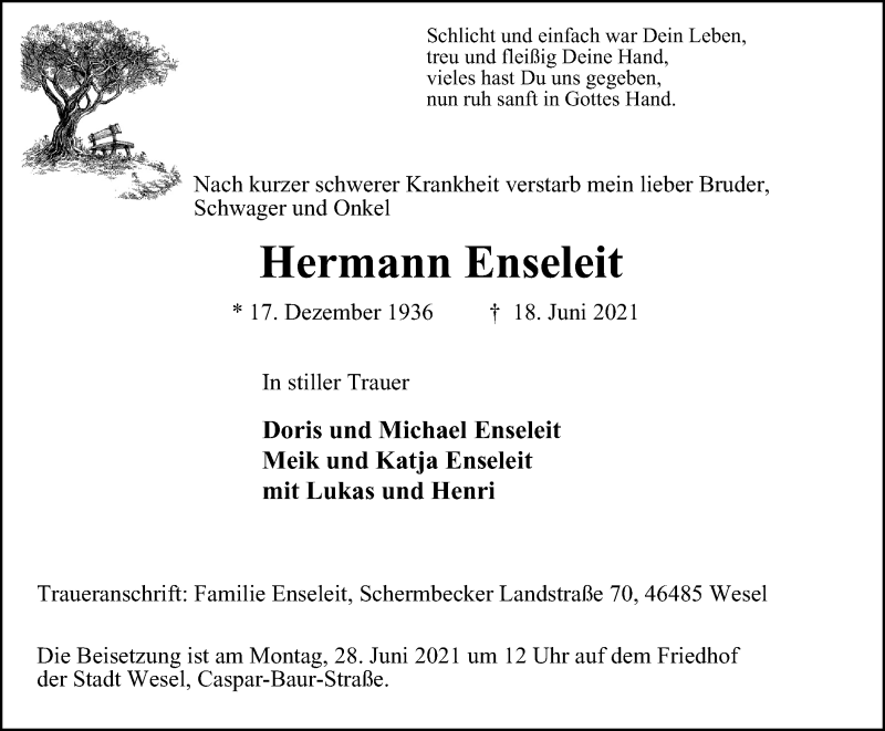  Traueranzeige für Hermann Enseleit vom 23.06.2021 aus WVW Anzeigenblätter