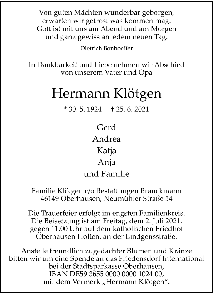  Traueranzeige für Hermann Klötgen vom 30.06.2021 aus WVW Anzeigenblätter
