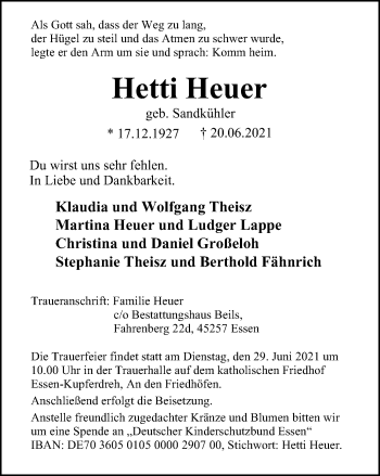 Traueranzeige von Hetti Heuer von WVW Anzeigenblätter