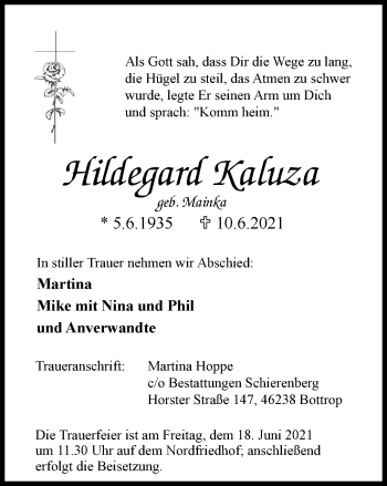 Traueranzeige von Hildegard Kaluza von WVW Anzeigenblätter