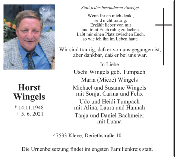 Traueranzeige von Horst Wingels von WVW Anzeigenblätter