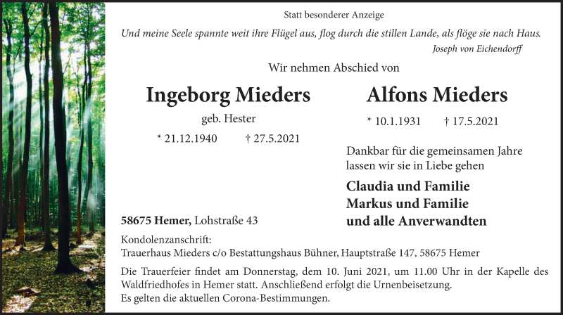  Traueranzeige für Ingeborg und Alfons Mieders vom 05.06.2021 aus WVW Anzeigenblätter