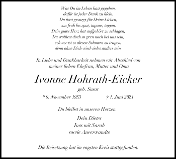 Traueranzeige von Ivonne Hohrath-Eicker von WVW Anzeigenblätter