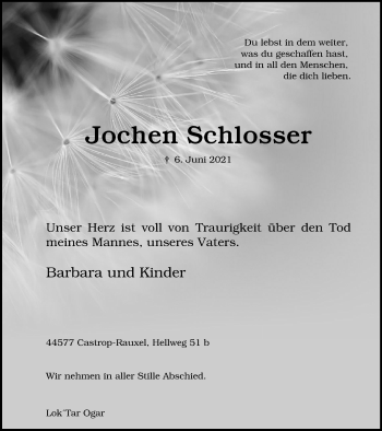 Traueranzeige von Jochen Schlosser von WVW Anzeigenblätter