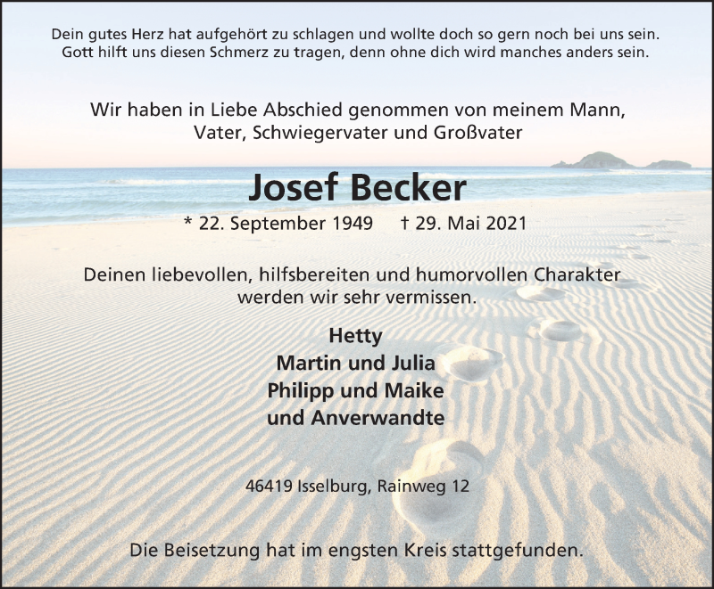  Traueranzeige für Josef Becker vom 12.06.2021 aus WVW Anzeigenblätter