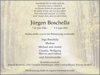 Traueranzeige von Jürgen Boschella von WVW Anzeigenblätter