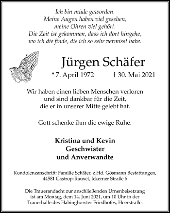 Traueranzeige von Jürgen Schäfer von WVW Anzeigenblätter