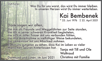 Traueranzeige von Kai Bembenek von WVW Anzeigenblätter
