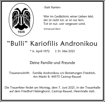 Traueranzeige von Kariofilis Andronikou von WVW Anzeigenblätter
