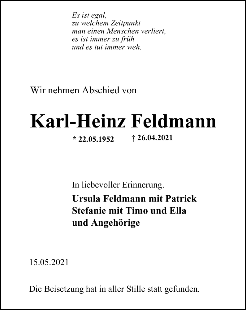  Traueranzeige für Karl-Heinz Feldmann vom 02.06.2021 aus WVW Anzeigenblätter