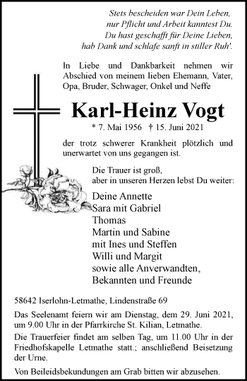 Traueranzeige von Karl-Heinz Vogt von WVW Anzeigenblätter