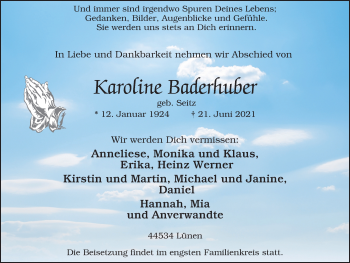 Traueranzeige von Karoline Baderhuber von WVW Anzeigenblätter