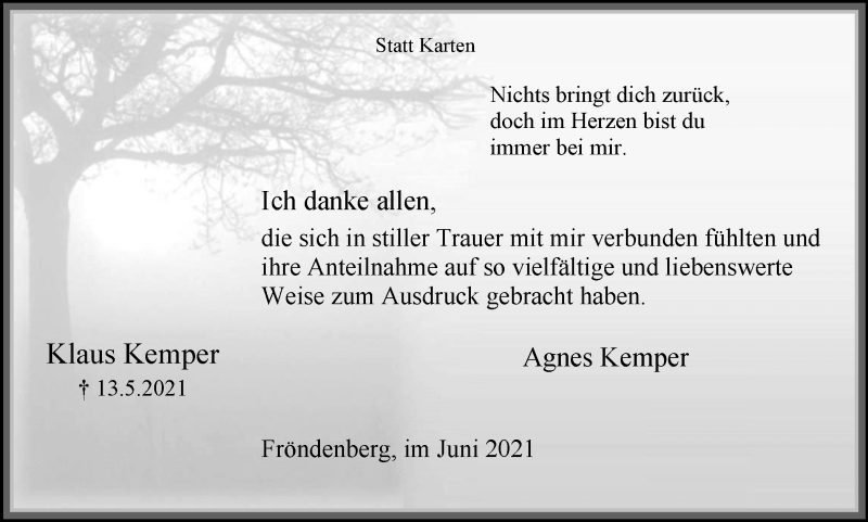  Traueranzeige für Klaus Kemper vom 12.06.2021 aus WVW Anzeigenblätter