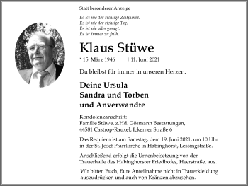Traueranzeige von Klaus Stüwe von WVW Anzeigenblätter