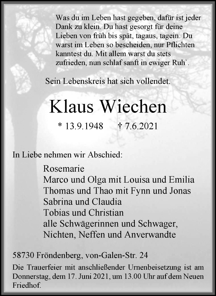  Traueranzeige für Klaus Wiechen vom 12.06.2021 aus WVW Anzeigenblätter