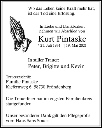 Traueranzeige von Kurt Pintaske von WVW Anzeigenblätter