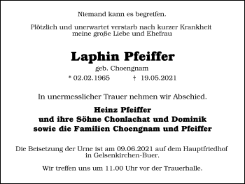 Traueranzeige von Laphin Pfeiffer von WVW Anzeigenblätter