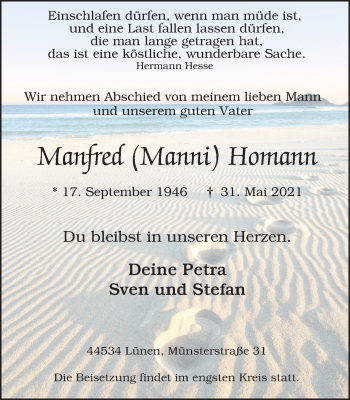 Traueranzeige von Manfred  Homann von WVW Anzeigenblätter