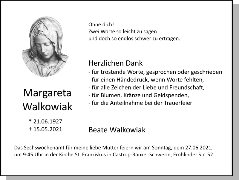  Traueranzeige für Margareta Walkowiak vom 19.06.2021 aus WVW Anzeigenblätter