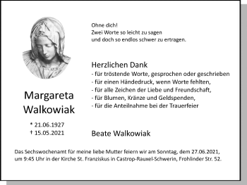 Traueranzeige von Margareta Walkowiak von WVW Anzeigenblätter