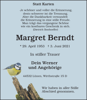 Traueranzeige von Margret Berndt von WVW Anzeigenblätter