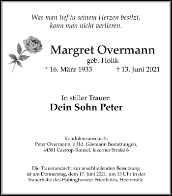 Traueranzeige von Margret Overmann von WVW Anzeigenblätter