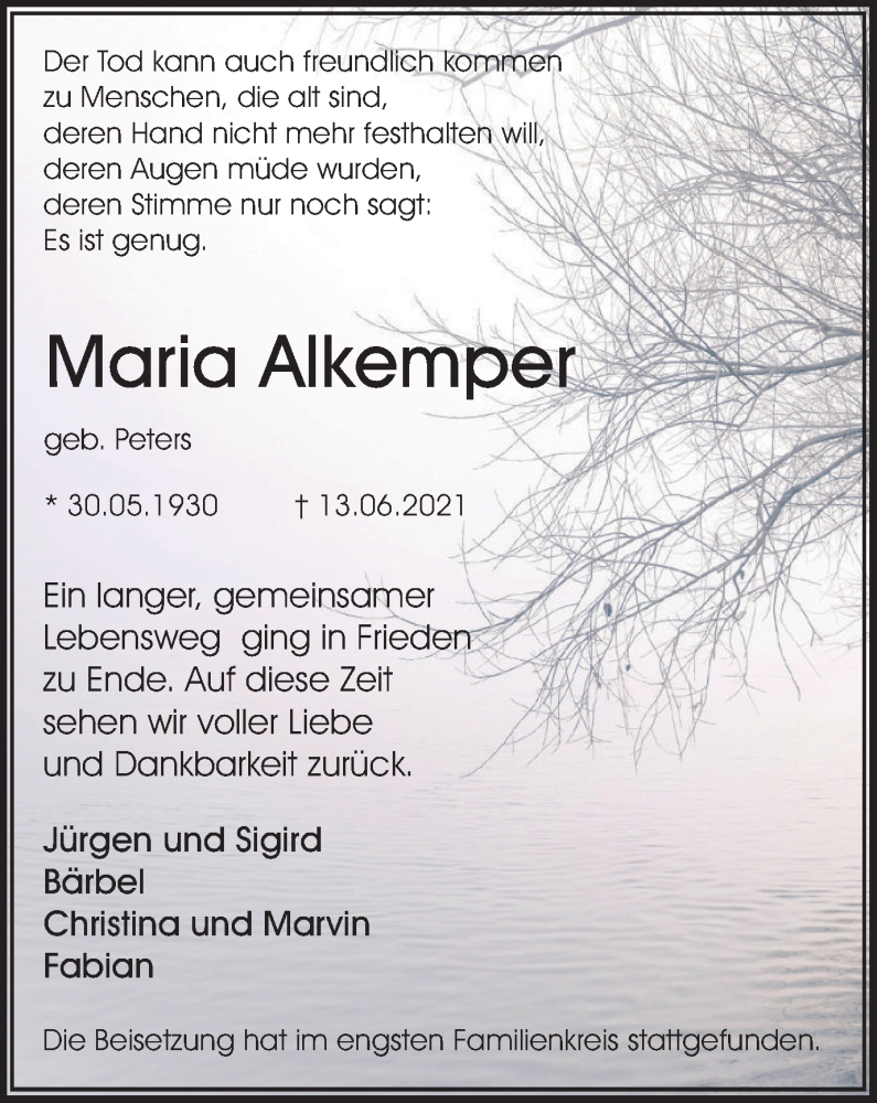  Traueranzeige für Maria Alkemper vom 26.06.2021 aus WVW Anzeigenblätter