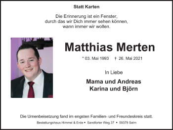 Traueranzeige von Matthias Merten von WVW Anzeigenblätter