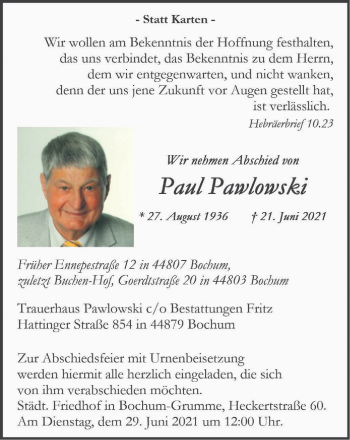 Traueranzeige von Paul Pawlowski von WVW Anzeigenblätter