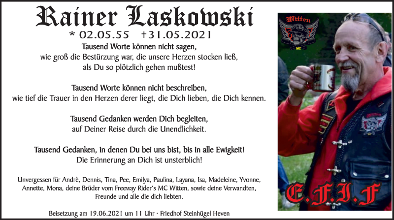 Traueranzeige für Rainer Laskowski vom 12.06.2021 aus WVW Anzeigenblätter