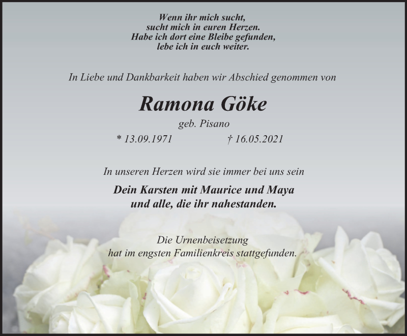  Traueranzeige für Ramona Göke vom 05.06.2021 aus WVW Anzeigenblätter