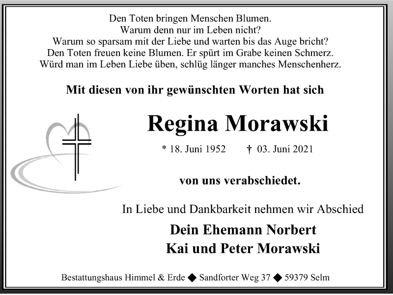  Traueranzeige für Regina Morawski vom 12.06.2021 aus WVW Anzeigenblätter