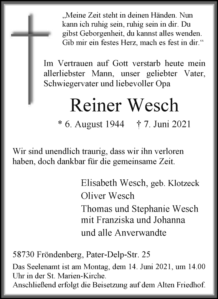  Traueranzeige für Reiner Wesch vom 12.06.2021 aus WVW Anzeigenblätter