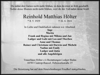 Traueranzeige von Reinhold Matthias Hölter von WVW Anzeigenblätter
