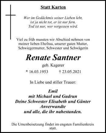 Traueranzeige von Renate Santner von WVW Anzeigenblätter
