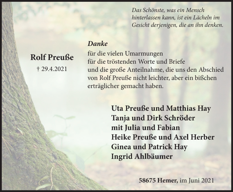 Traueranzeige für Rolf Preuße vom 12.06.2021 aus WVW Anzeigenblätter