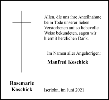 Traueranzeige von Rosemarie Koschick von WVW Anzeigenblätter