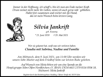 Traueranzeige von Silvia Jankrift von WVW Anzeigenblätter