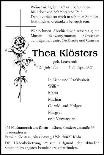 Traueranzeige von Thea Klösters von WVW Anzeigenblätter