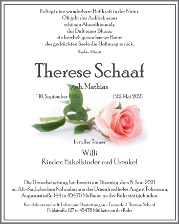 Traueranzeige von Therese Schaaf von WVW Anzeigenblätter