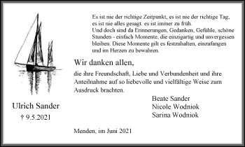 Traueranzeige von Ulrich Sander von WVW Anzeigenblätter