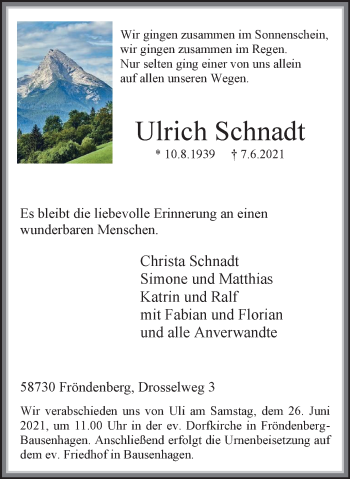 Traueranzeige von Ulrich Schnadt von WVW Anzeigenblätter